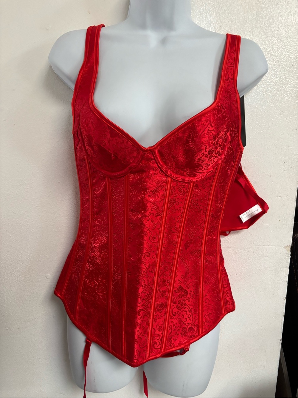 New Shirley of Hollywood Red Satin Lace Up Corset Bustier Top Size 32